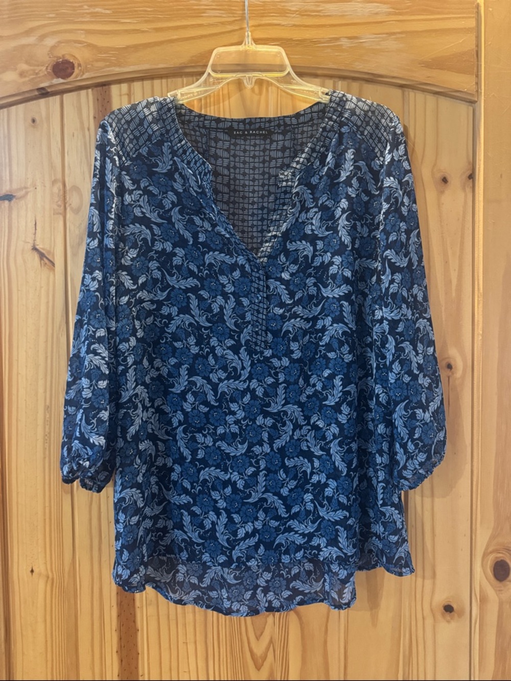 Zac & Rachel Navy and Light Blue Floral V-Neck Blouse